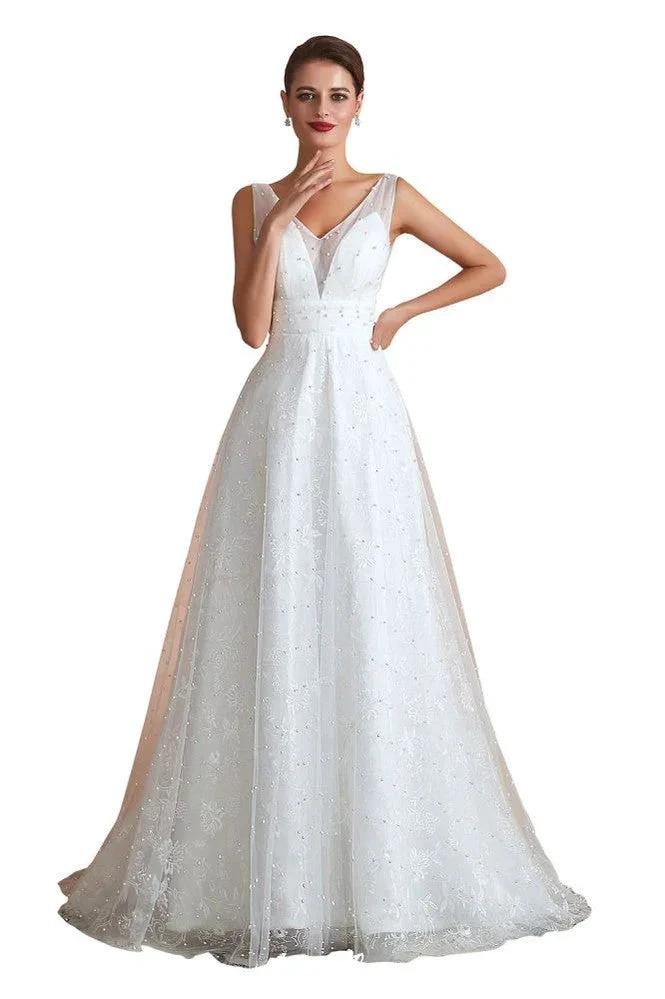 Elegant V-Neck Tulle Pearls Wedding Dress Beach Bridal Gown by misshow.com