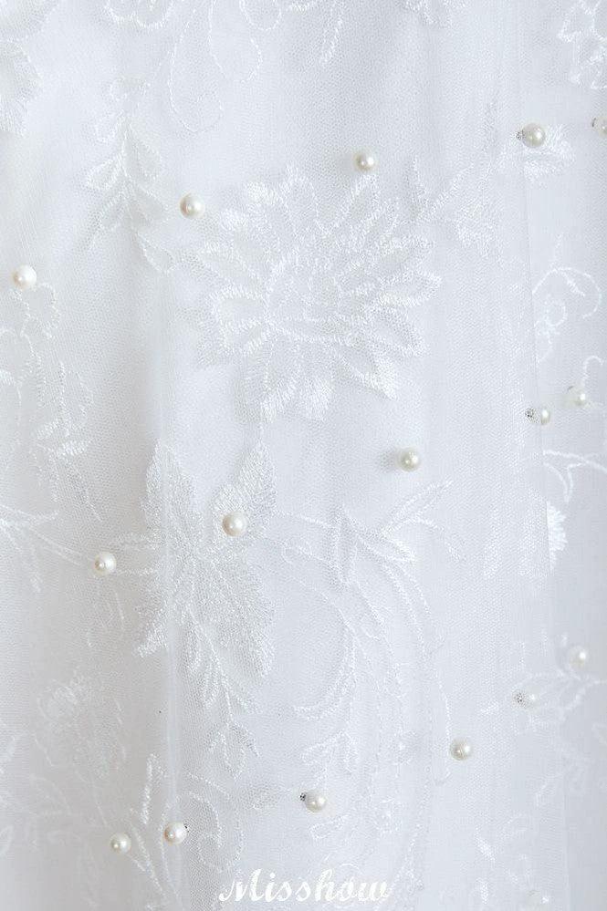 Elegant V-Neck Tulle Pearls Wedding Dress Beach Bridal Gown by misshow.com