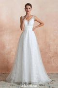 Elegant V-Neck Tulle Pearls Wedding Dress Beach Bridal Gown by misshow.com