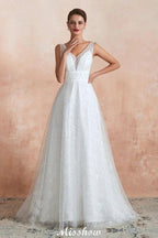 Elegant V-Neck Tulle Pearls Wedding Dress Beach Bridal Gown by misshow.com
