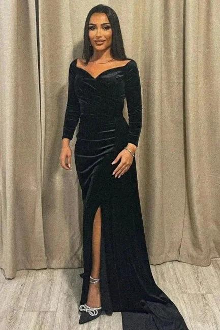 Elegant Velvet Long Black A-line Split Evening Dresses With Sleeves by misshow.com