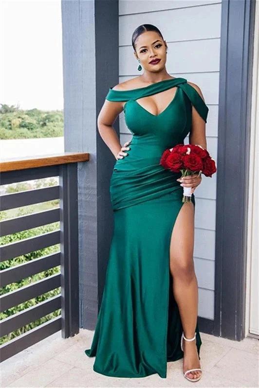 Elegant Vintage Off-the-Shoulder Elastic Woven Satin Ruched Sleeveless Bridesmaid Dresses by misshow.com