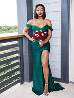 Elegant Vintage Off-the-Shoulder Elastic Woven Satin Ruched Sleeveless Bridesmaid Dresses by misshow.com