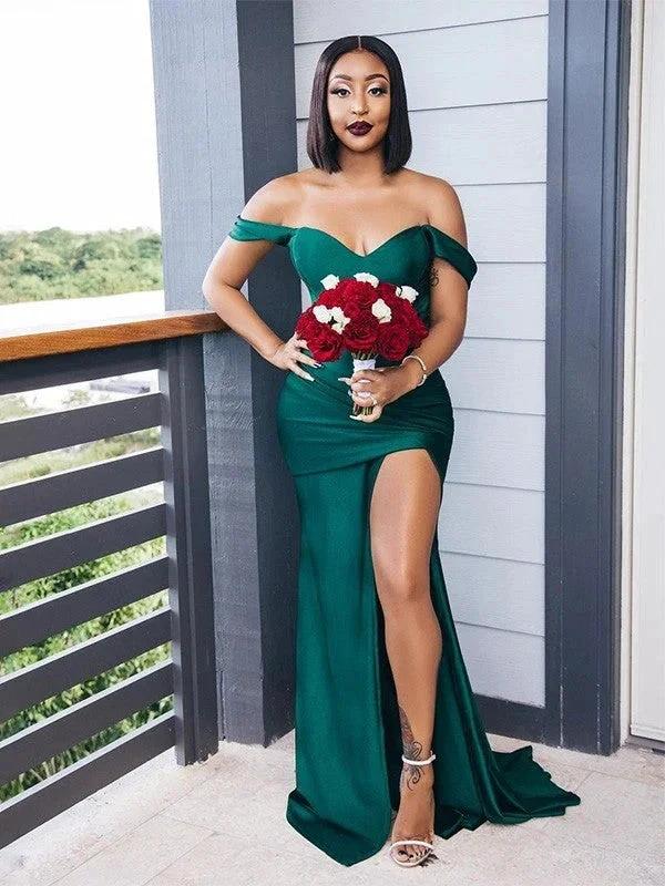 Elegant Vintage Off-the-Shoulder Elastic Woven Satin Ruched Sleeveless Bridesmaid Dresses by misshow.com