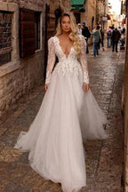 Elegant vneck longsleeves aline lace Wedding dresses by misshow.com