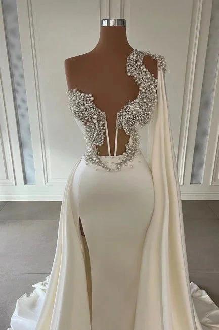 Elegant White A-line One Shoulder Evening Dresses Long Glitter Prom Dresses With Slit by misshow.com