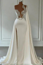 Elegant White A-line One Shoulder Evening Dresses Long Glitter Prom Dresses With Slit by misshow.com