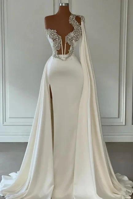 Elegant White A-line One Shoulder Evening Dresses Long Glitter Prom Dresses With Slit by misshow.com