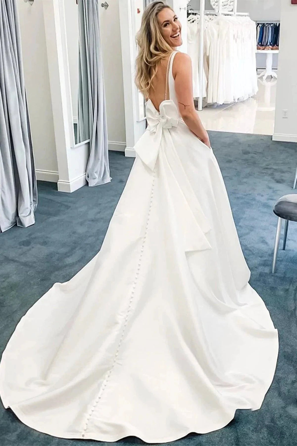 Robes de mariée longues en satin blanc élégant, coupe trapèze, col en V, dos ouvert avec poches