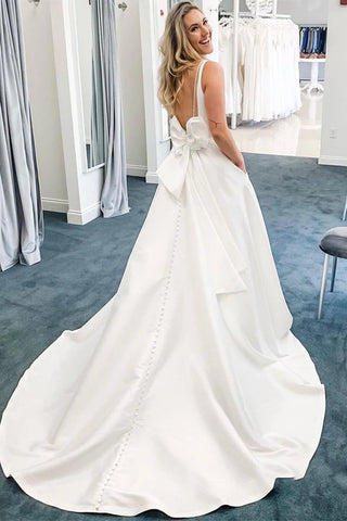 Elegant White A-line V Neck Open Back Satin Long Wedding Dresses with Pockets