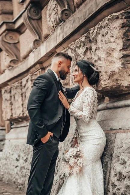 Elegant White Floral Lace Mermaid Spring Wedding Dress Long Sleeves V-Neck Slim Bridal Dresses by misshow.com