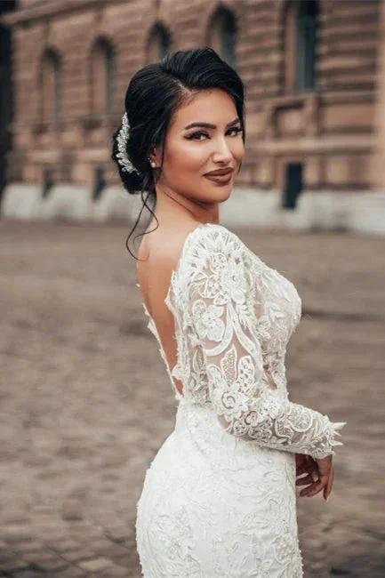 Elegant White Floral Lace Mermaid Spring Wedding Dress Long Sleeves V-Neck Slim Bridal Dresses by misshow.com