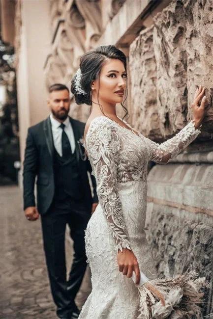 Elegant White Floral Lace Mermaid Spring Wedding Dress Long Sleeves V-Neck Slim Bridal Dresses by misshow.com