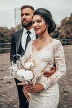 Elegant White Floral Lace Mermaid Spring Wedding Dress Long Sleeves V-Neck Slim Bridal Dresses by misshow.com