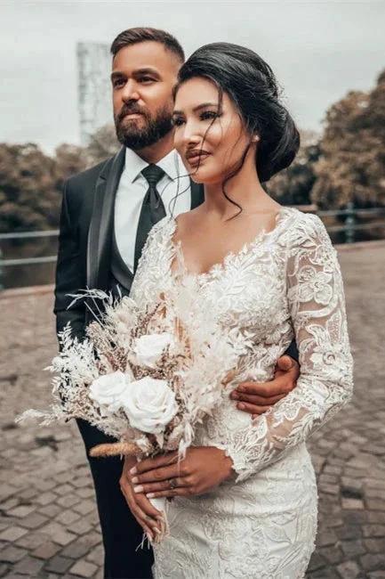 Elegant White Floral Lace Mermaid Spring Wedding Dress Long Sleeves V-Neck Slim Bridal Dresses by misshow.com