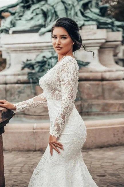 Elegant White Floral Lace Mermaid Spring Wedding Dress Long Sleeves V-Neck Slim Bridal Dresses by misshow.com