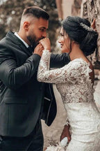 Elegant White Floral Lace Mermaid Spring Wedding Dress Long Sleeves V-Neck Slim Bridal Dresses by misshow.com