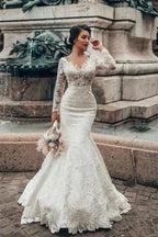 Elegant White Floral Lace Mermaid Spring Wedding Dress Long Sleeves V-Neck Slim Bridal Dresses by misshow.com
