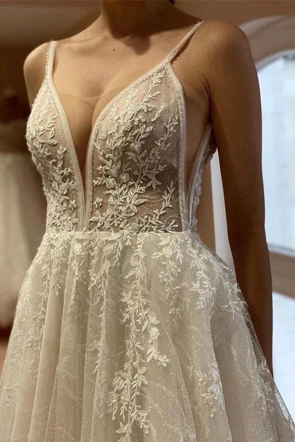 Elegant White Long A-line V-neck Tulle Backless Lace Wedding Dresses by BIZTUNNEL