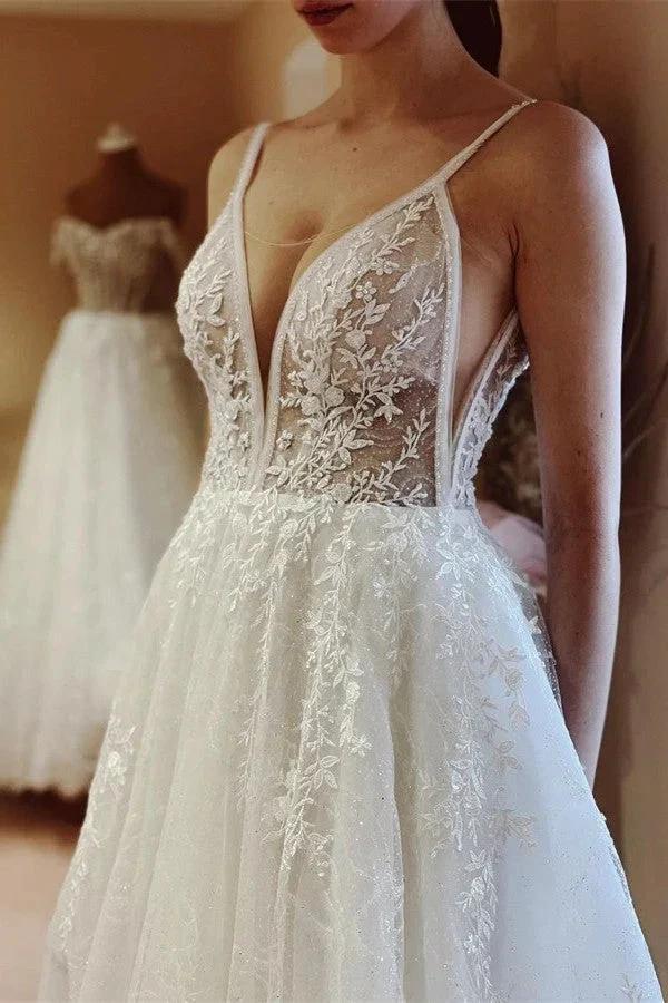 Elegant White Long A-line V-neck Tulle Backless Lace Wedding Dresses by BIZTUNNEL
