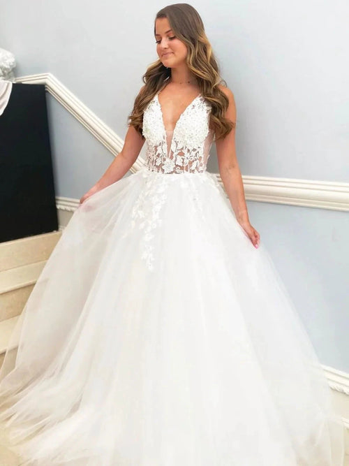 Elegant White Long A-line V Neck Tulle Lace Floral Wedding Dresses by BIZTUNNEL