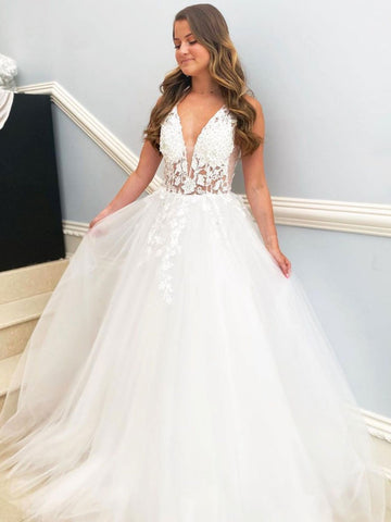 Elegant White Long A-line V Neck Tulle Lace Floral Wedding Dresses