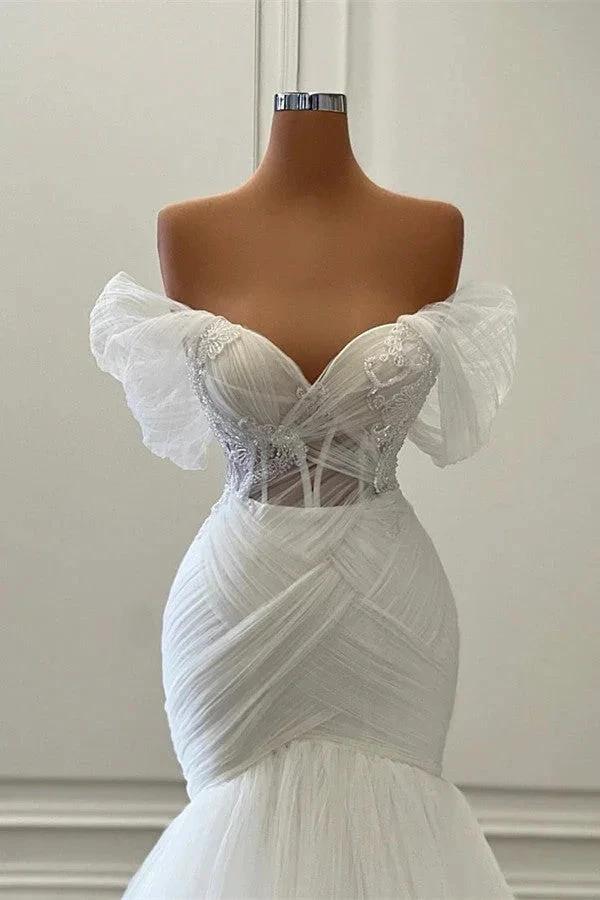 Elegant White Long Mermaid Off the Shoulder Tulle Lace Wedding Dresses by BIZTUNNEL