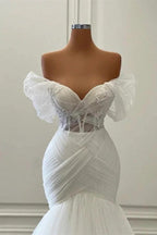 Elegant White Long Mermaid Off the Shoulder Tulle Lace Wedding Dresses by BIZTUNNEL