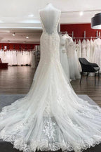Elegant White Long Mermaid Tulle Lace Open Back Wedding Dresses by BIZTUNNEL