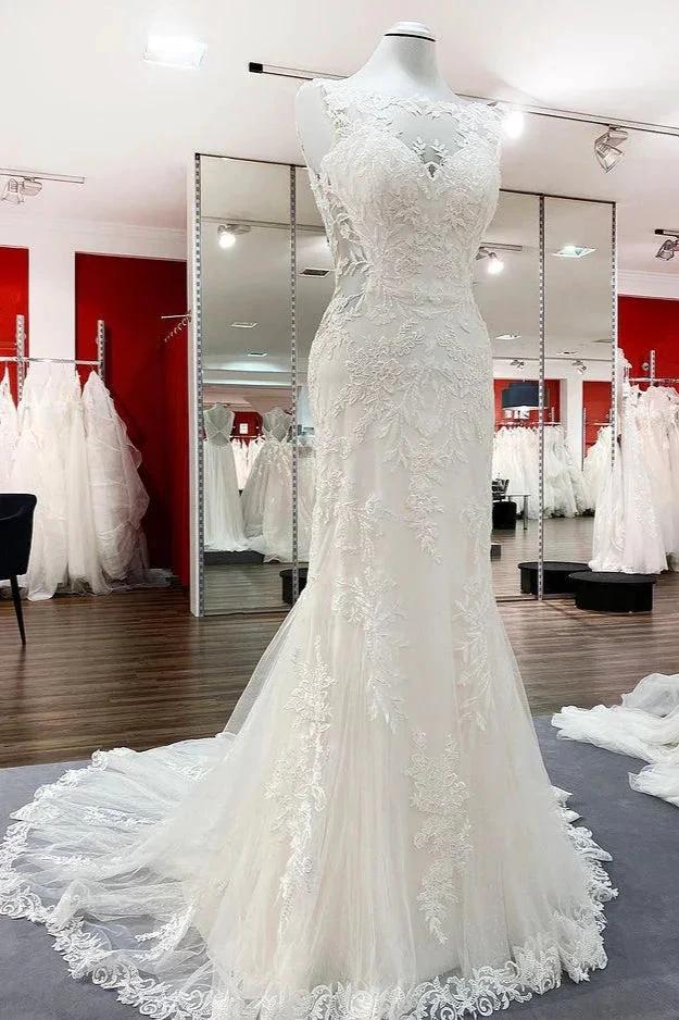 Elegant White Long Mermaid Tulle Lace Open Back Wedding Dresses by BIZTUNNEL