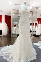 Elegant White Long Mermaid Tulle Lace Open Back Wedding Dresses by BIZTUNNEL