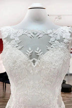 Elegant White Long Mermaid Tulle Lace Open Back Wedding Dresses by BIZTUNNEL