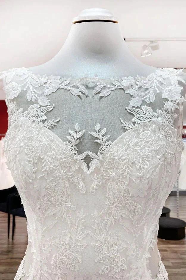 Elegant White Long Mermaid Tulle Lace Open Back Wedding Dresses by BIZTUNNEL