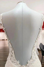 Elegant White Long Mermaid Tulle Lace Open Back Wedding Dresses by BIZTUNNEL