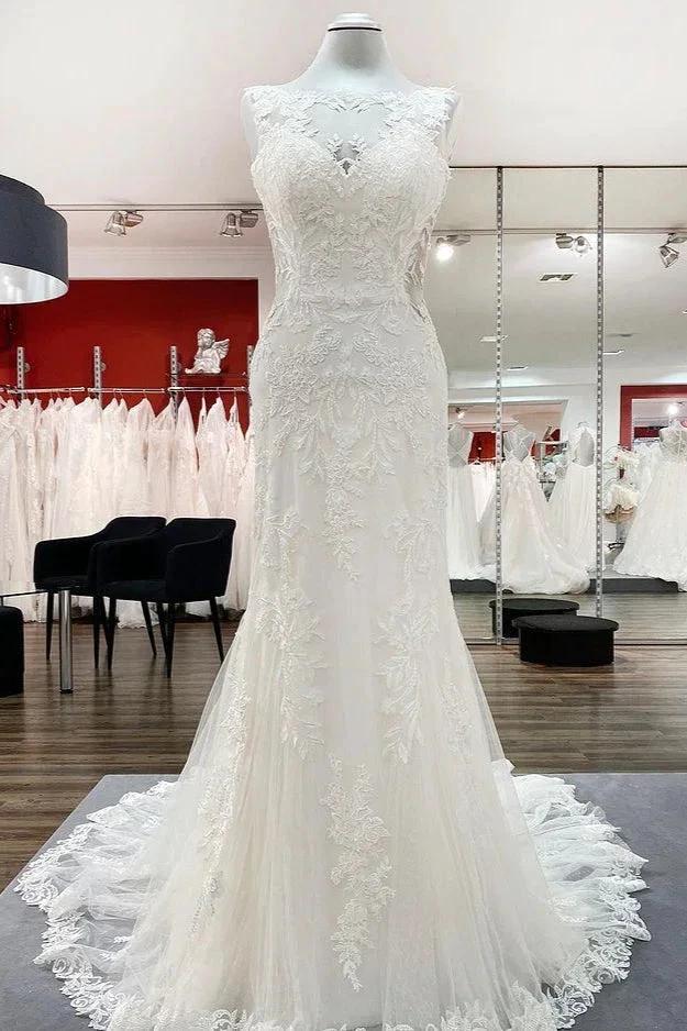 Elegant White Long Mermaid Tulle Lace Open Back Wedding Dresses by BIZTUNNEL