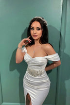 Elegant White Mermaid Off-the-shoulder Sleeveless Prom Dress With Slit by misshow.com