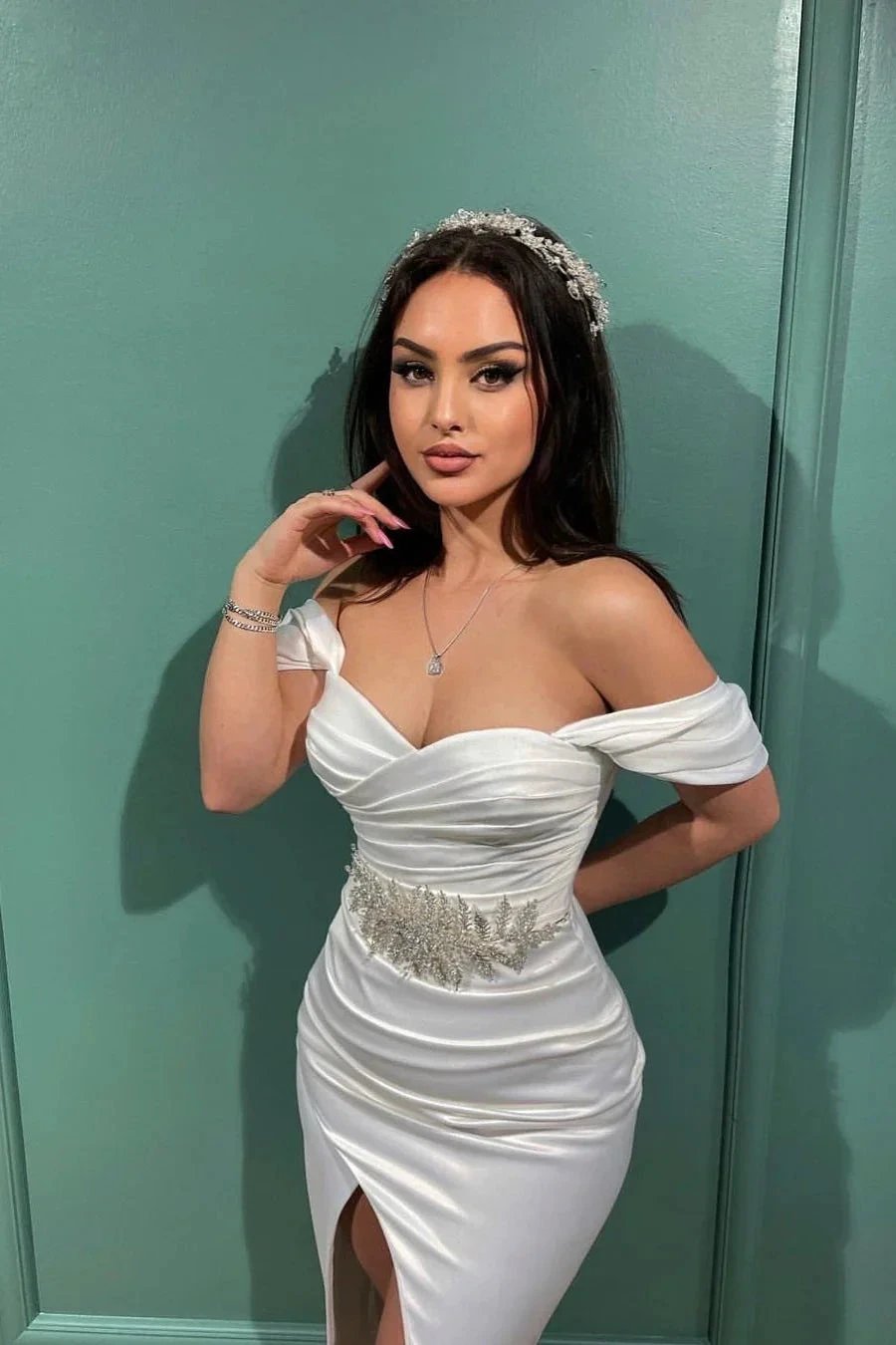 Elegant White Mermaid Off-the-shoulder Sleeveless Prom Dress With Slit by misshow.com