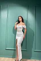 Elegant White Mermaid Off-the-shoulder Sleeveless Prom Dress With Slit by misshow.com