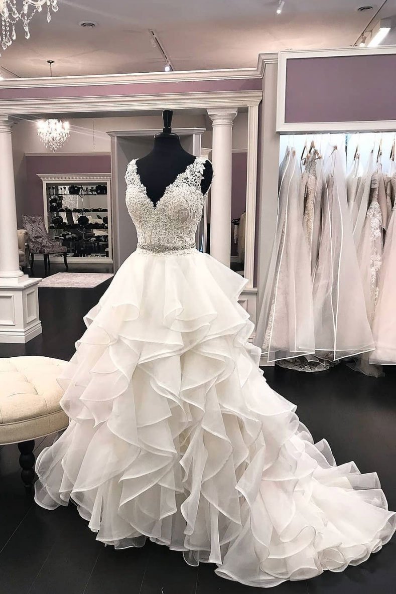 Elegant White Organza V-Neck Beaded Wedding Dress Ruffles Lace Bridal Gowns On Sale