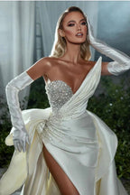 Elegant White V-neck Beading Sleeveless A-line Wedding Dress With Slit by misshow.com