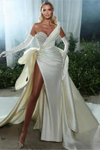 Elegant White V-neck Beading Sleeveless A-line Wedding Dress With Slit by misshow.com