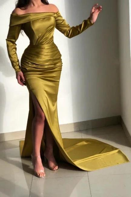 Elegant Yellow Off-the-shoulder Long-Sleeve Mermaid Long-Sleeve Prom Dresses by misshow.com