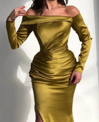Elegant Yellow Off-the-shoulder Long-Sleeve Mermaid Long-Sleeve Prom Dresses by misshow.com