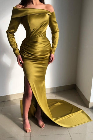 Elegant Yellow Off-the-shoulder Long-Sleeve Mermaid Long-Sleeve Prom Dresses