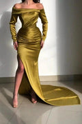 Elegant Yellow Off-the-shoulder Long-Sleeve Mermaid Long-Sleeve Prom Dresses by misshow.com