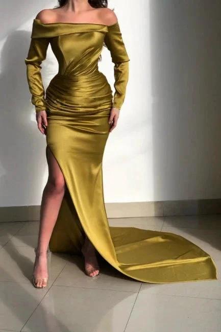 Elegant Yellow Off-the-shoulder Long-Sleeve Mermaid Long-Sleeve Prom Dresses by misshow.com