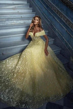 Elegant Yellow Off-the-shoulder Sleeveless A-Line Floor-Length Tulle Prom Dresses by misshow.com