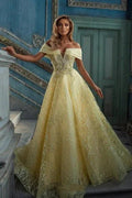 Elegant Yellow Off-the-shoulder Sleeveless A-Line Floor-Length Tulle Prom Dresses by misshow.com