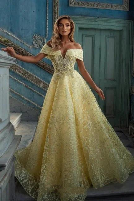 Elegant Yellow Off-the-shoulder Sleeveless A-Line Floor-Length Tulle Prom Dresses by misshow.com