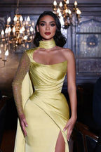 Elegant Yellow One Shoulder Long Sleeve Mermaid Prom Dress With Slit by misshow.com